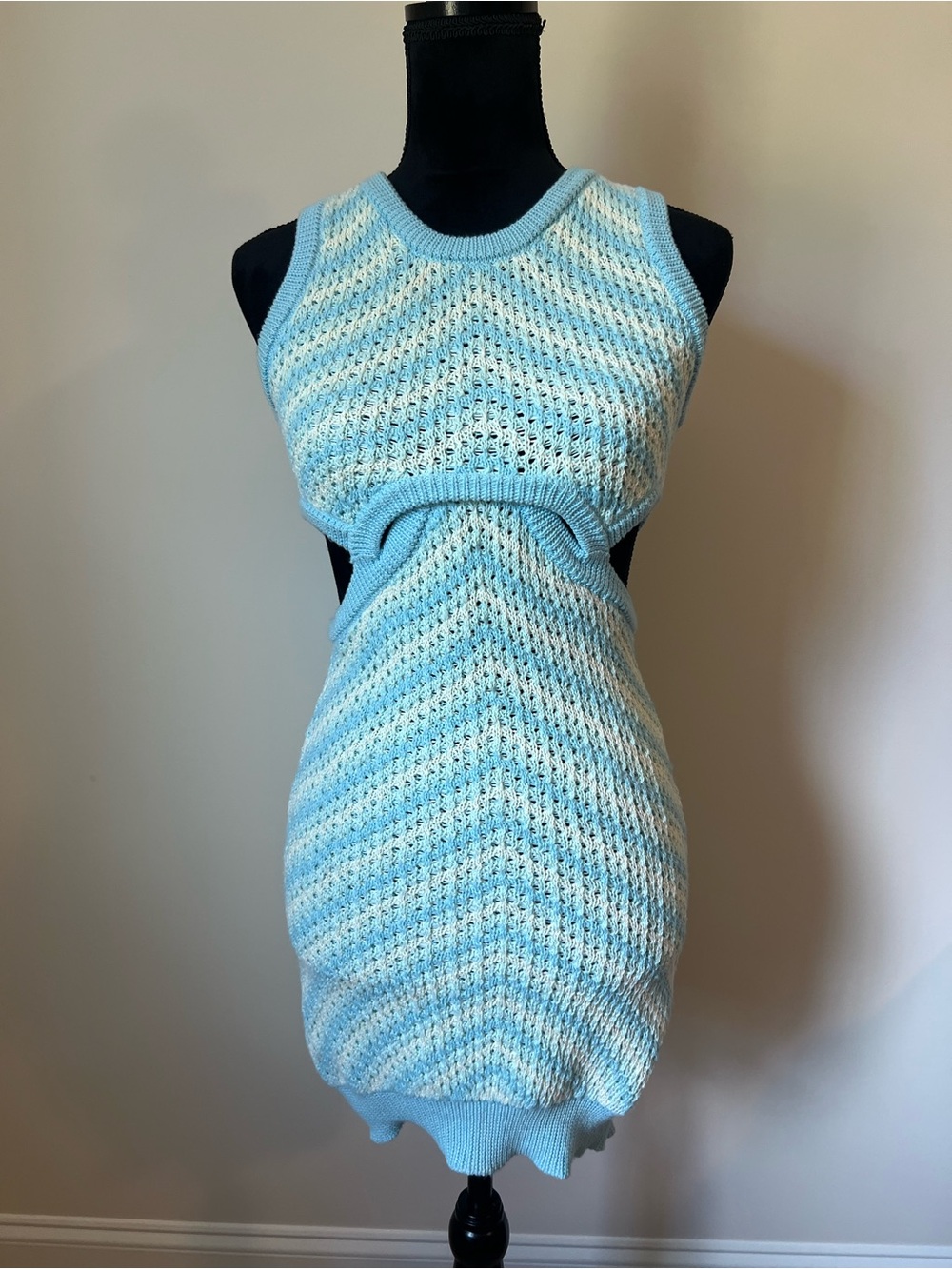 For Love & Lemons Blue and White Knit Cutout Mini Dress Size XS